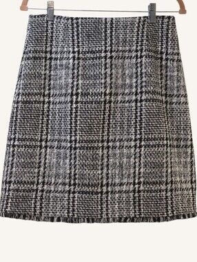 Calvin Klein Black Ivory Plaid Tweed Fringe Skirt Size 4 NWOT